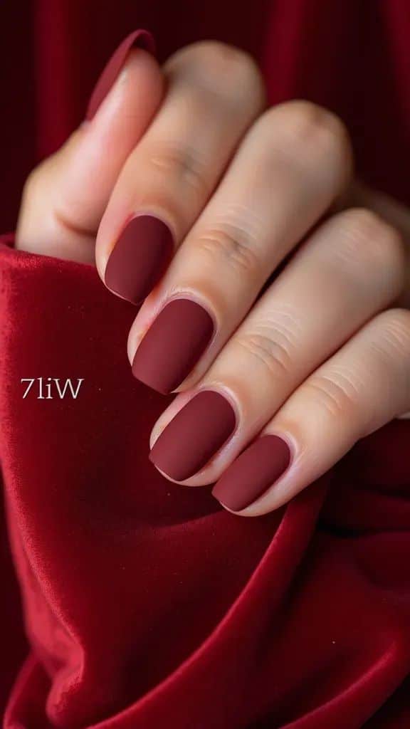 Hand with burgundy matte nails holding red velvet fabric, showcasing elegant and classy nail art design.