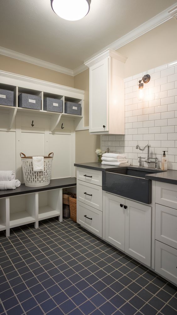Modern laundry room with white cabinets, black countertop, and tiled floor, featuring a farmhouse sink and storage baskets.