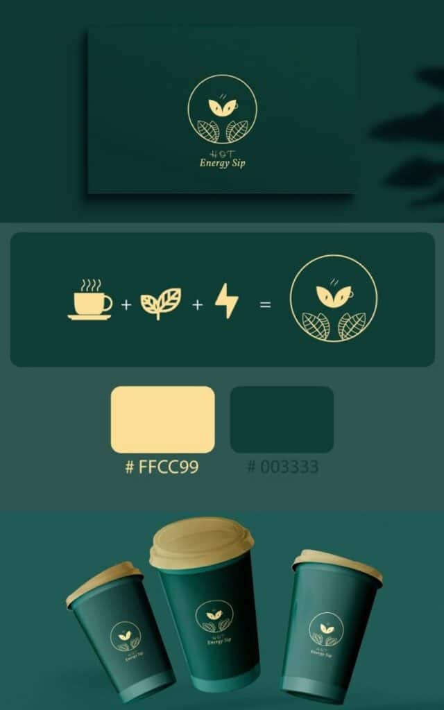 Coffee Shop Logo 1 Green and yellow “Energy Sip” logo with coffee cup design, color codes #FFCC99 and #003333, on cups. | Sky Rye Design Green and yellow “Energy Sip” logo with coffee cup design, color codes #FFCC99 and #003333, on cups.