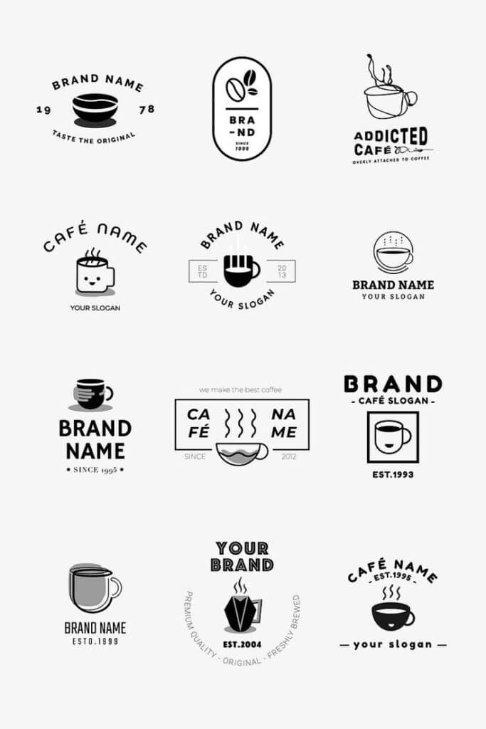 Coffee shop badge logo vector set Collection of vintage coffee brand logos with different designs and slogans. | Sky Rye Design Collection of vintage coffee brand logos with different designs and slogans.