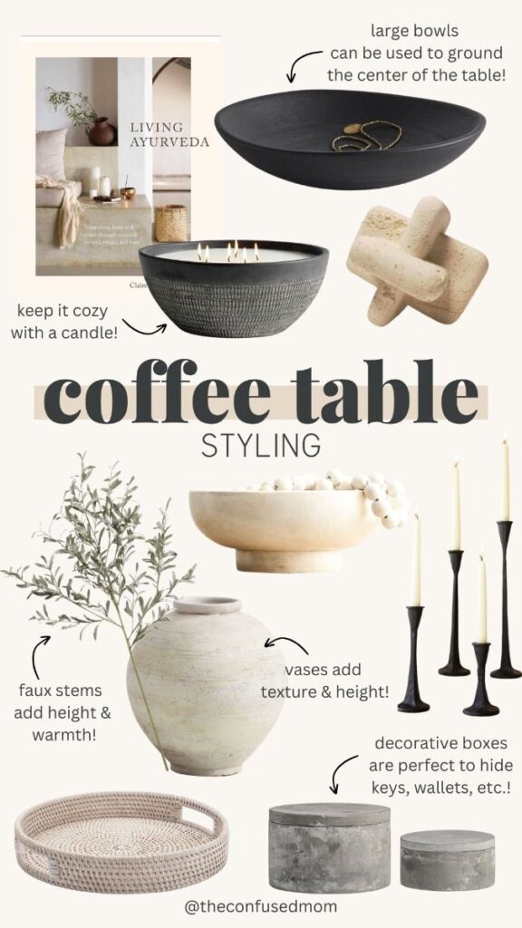 Coffee table styling including faux stems Coffee table styling ideas with bowls, vases, candles, and decorative elements for a cozy and stylish look. | Sky Rye Design Coffee table styling ideas with bowls, vases, candles, and decorative elements for a cozy and stylish look.