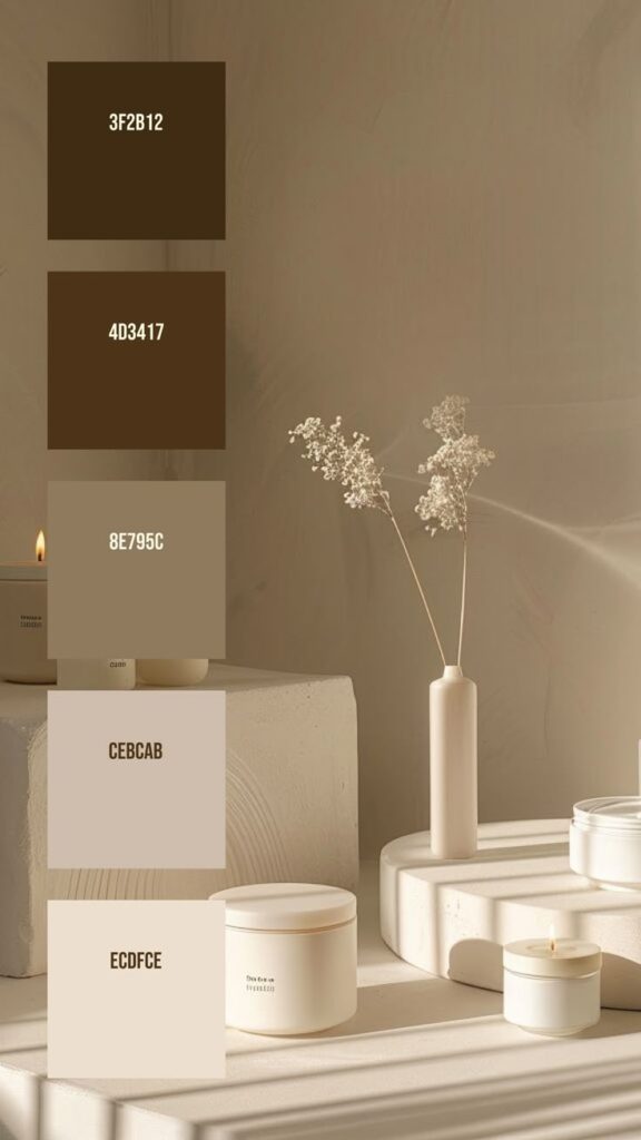 Minimalist aesthetic with earthy tones and candles, featuring color swatches: dark brown to cream.