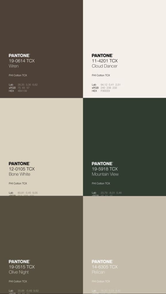 Pantone color swatches: Wren, Cloud Dancer, Bone White, Mountain View, Olive Night, Pelican.