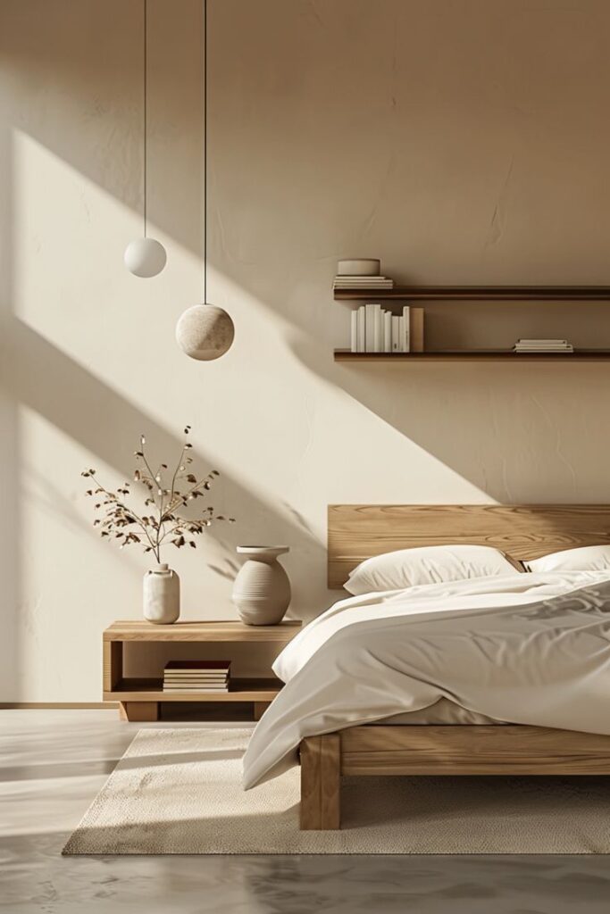 Modern bedroom with wooden furniture, neutral tones, and natural light, featuring shelves and decorative vases.
