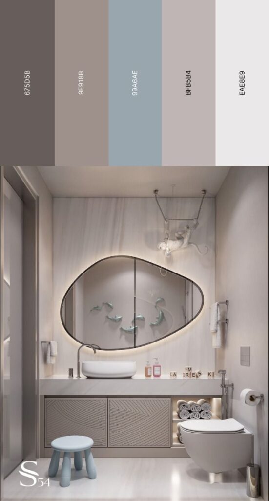 Modern kids bathroom with neutral tones, floating vanity, unique mirror, and playful blue accents for a calming vibe.