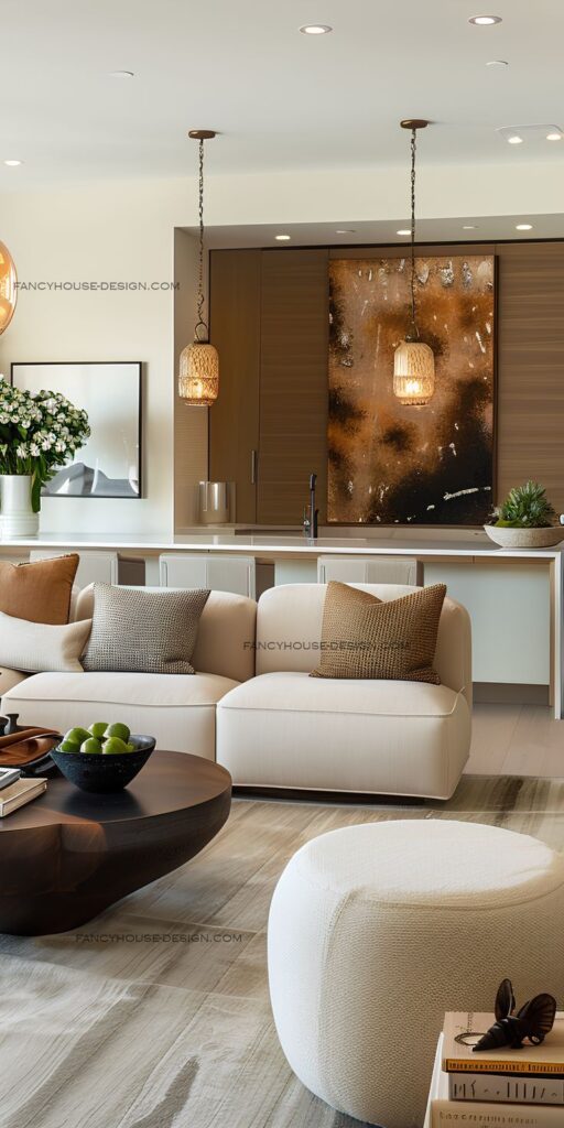 Modern living room with stylish furniture, cozy beige sofa, wooden coffee table, and elegant lighting.