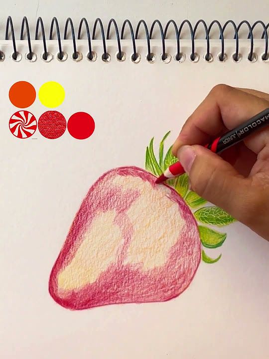 Hand drawing a colorful strawberry with colored pencils in a spiral sketchbook.
