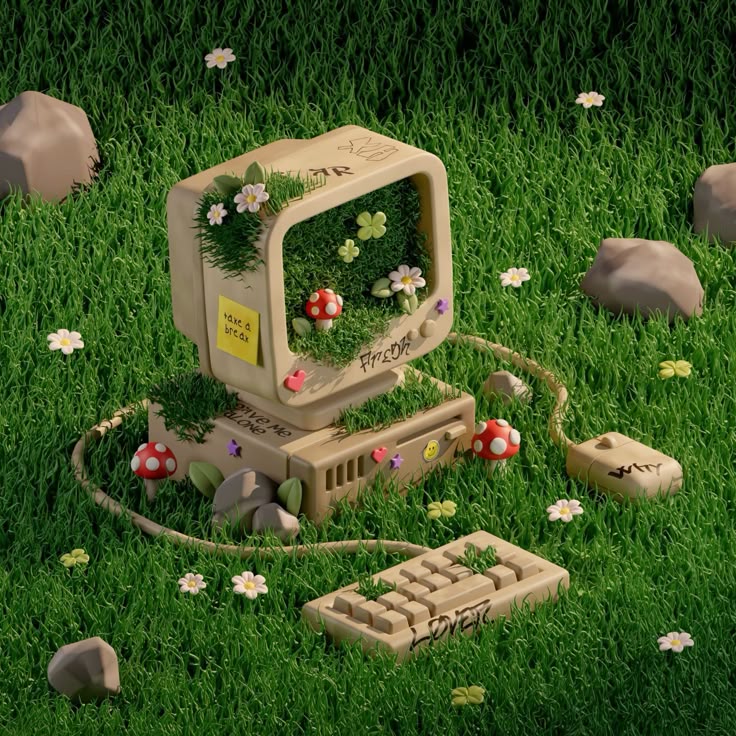Vintage computer with grass and mushrooms, surrounded by stones and flowers, symbolizing nature's reclaiming.