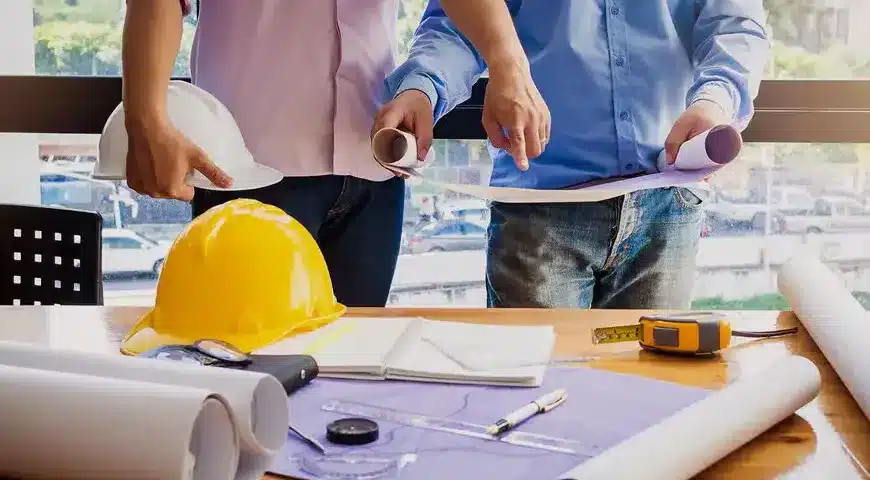 Two engineers in casual attire review construction blueprints on a desk with safety helmets and tools.