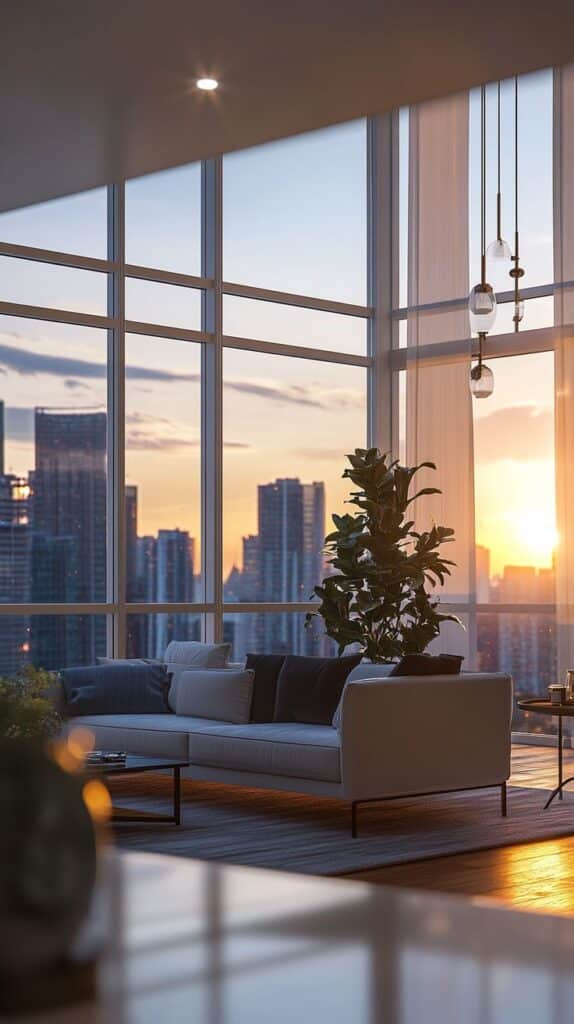 Modern living room with large windows, city skyline view at sunset, elegant decor with a cozy sofa and indoor plant.