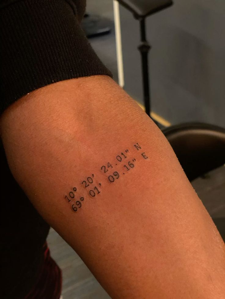 Tattoo of geographical coordinates on an arm, featuring degrees, minutes, and seconds.