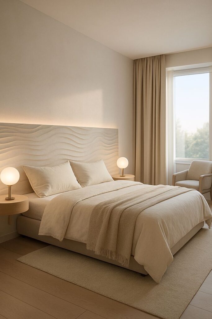 Minimalist beige bedroom with textured headboard, cozy bedding, and warm lighting. Peaceful and modern interior design.