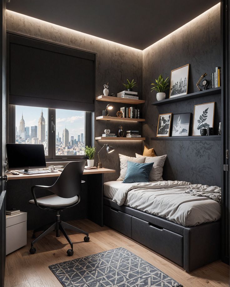 Modern cozy bedroom with city view, featuring sleek desk, decor shelves, and ambient lighting.