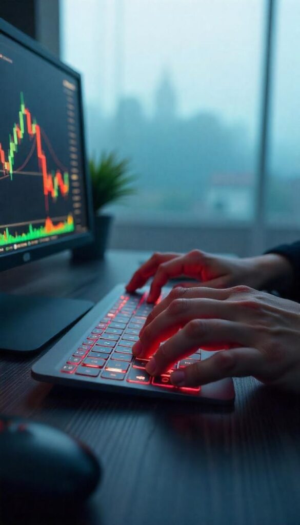Person typing on illuminated keyboard with crypto stock chart on screen.