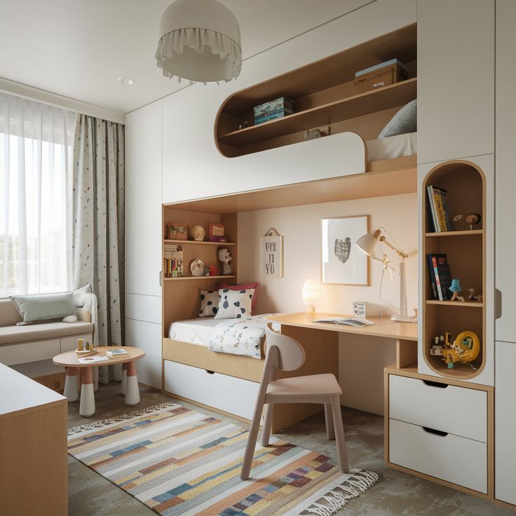 Modern children's bedroom with bunk bed, study area, and cozy decor. Neutral tones and wooden accents create a playful vibe.