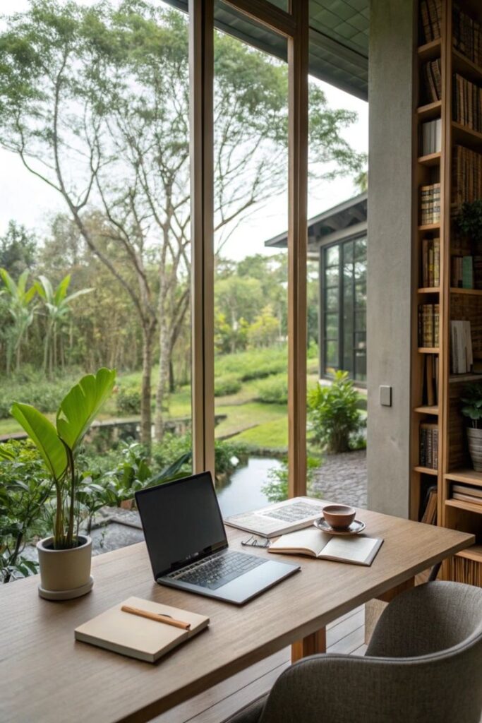 Home office with laptop and books, overlooking a lush garden through large windows for a serene work environment.