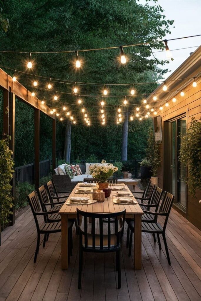 Outdoor patio with string lights over a dining table, surrounded by lush trees creating a cozy evening ambiance.