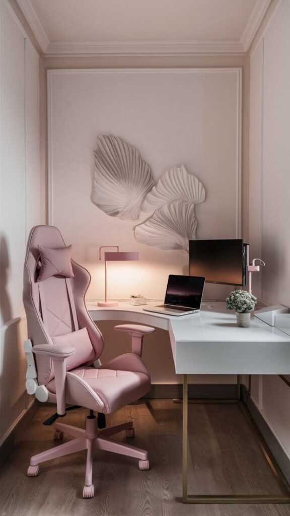 Stylish home office with pink chair, white desk, laptop, and elegant wall art for modern workspace inspiration.