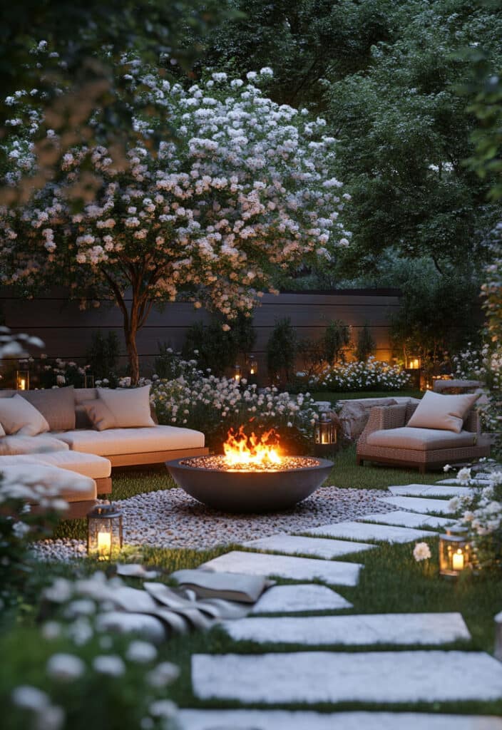 Cozy garden setting with fire pit, sofas, and lanterns under blossom trees at dusk. Perfect for evening relaxation.
