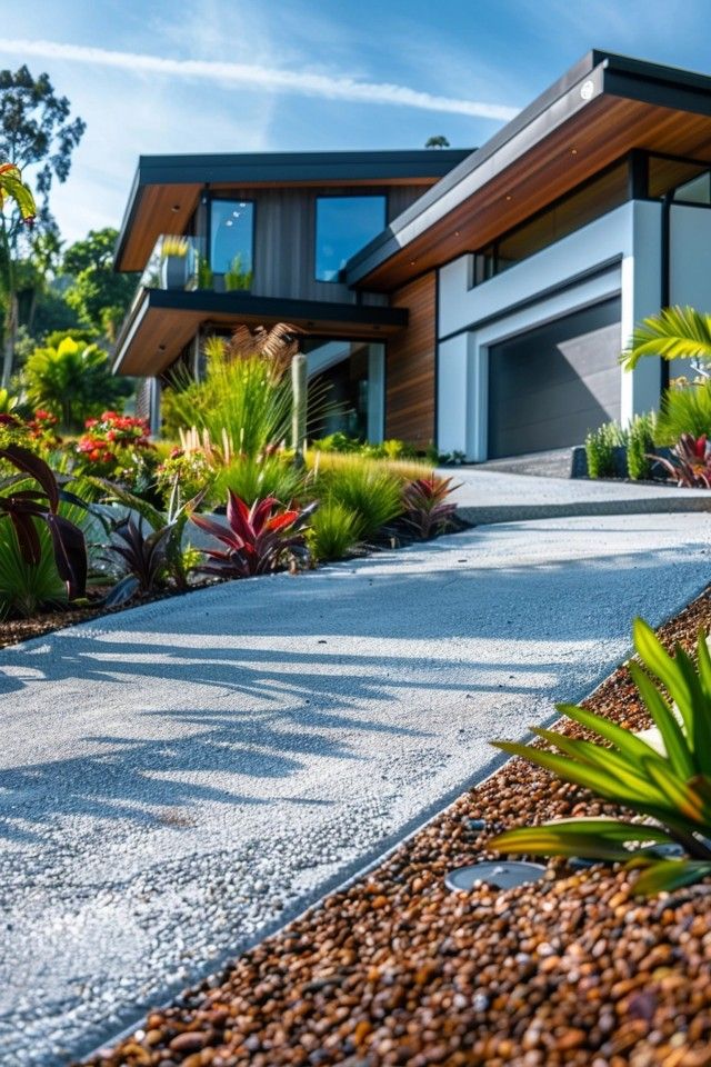 Creative Sloped Driveway Ideas for Your Home Modern house with landscaped garden path, featuring contemporary architecture and lush greenery under a blue sky. | Sky Rye Design Modern house with landscaped garden path, featuring contemporary architecture and lush greenery under a blue sky.