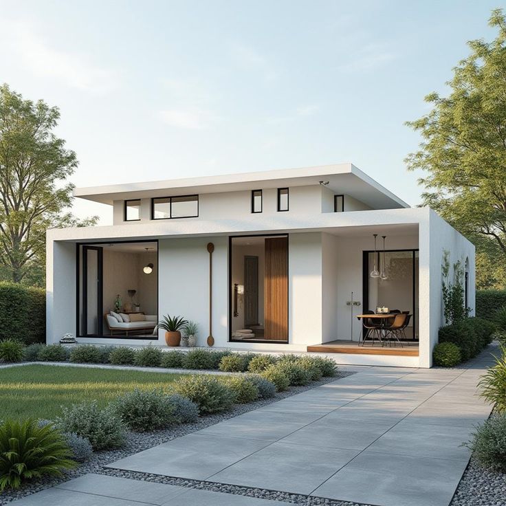 Modern minimalist house with large windows, surrounded by lush greenery and a paved pathway.
