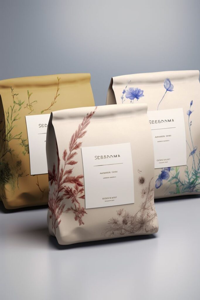 Floral-themed coffee bags with minimalist design and elegant botanical illustrations against a neutral background.