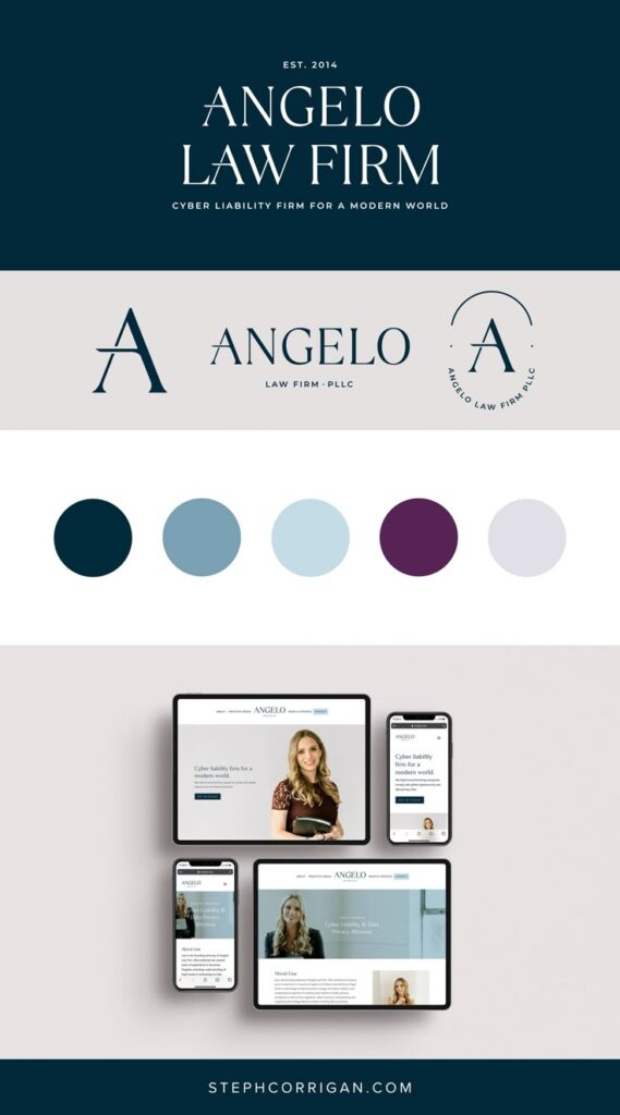 Angelo Law Firm branding and website design showcase on multiple devices, emphasizing cyber liability expertise.