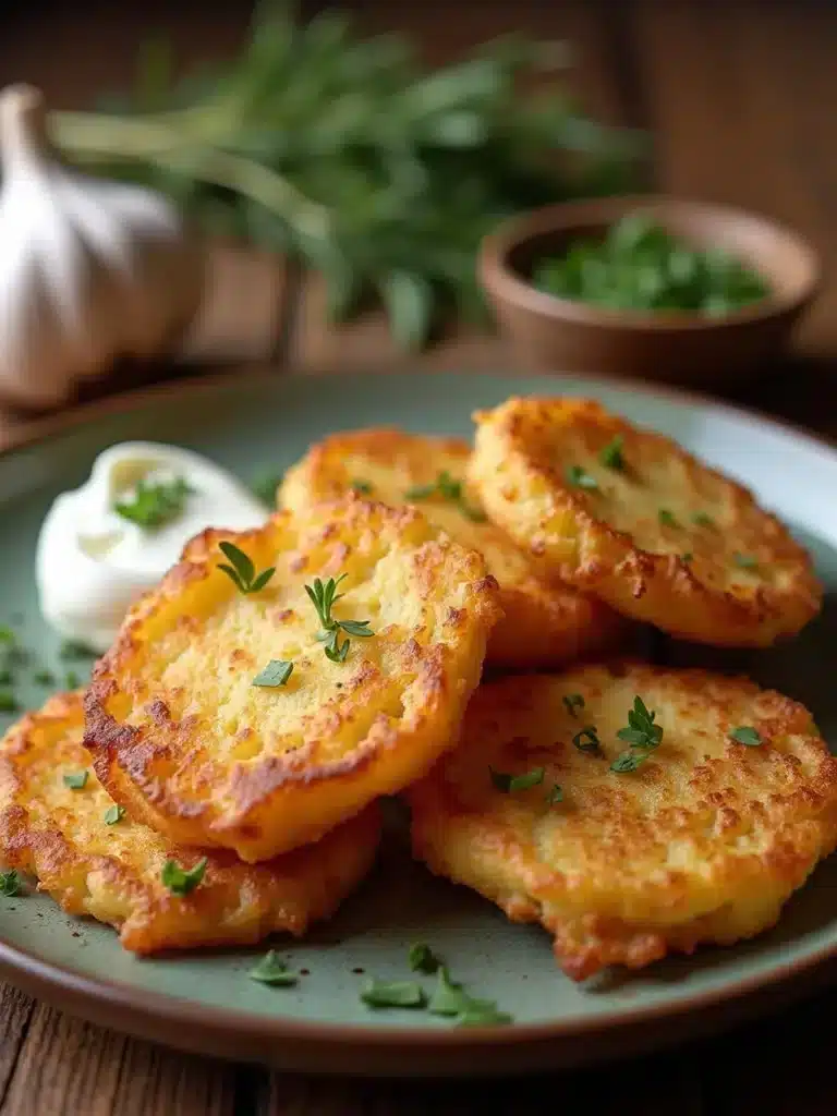 Czech-Bramboráky-with-Sour-Cream-and-Herbs Golden potato pancakes garnished with herbs, served with sour cream on a green plate, wooden table background. | Sky Rye Design Golden potato pancakes garnished with herbs, served with sour cream on a green plate, wooden table background.