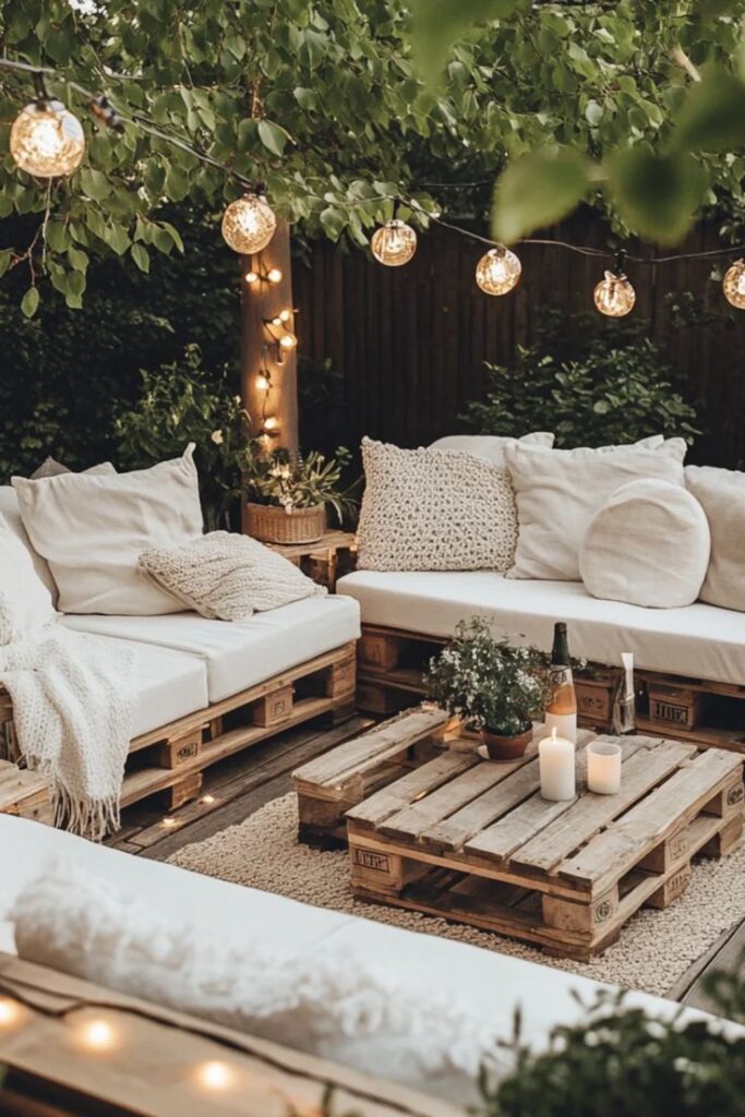 Cozy outdoor seating area with pallet furniture, cushions, and string lights under trees for a relaxed evening ambiance.