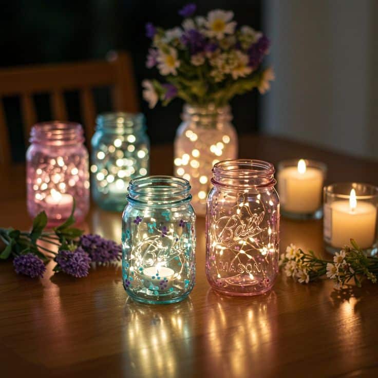 DIY in 5 Easy Steps Made With Love_ Painted Decorative mason jars with fairy lights and candles create a cozy ambiance on a wooden table. | Sky Rye Design Decorative mason jars with fairy lights and candles create a cozy ambiance on a wooden table.