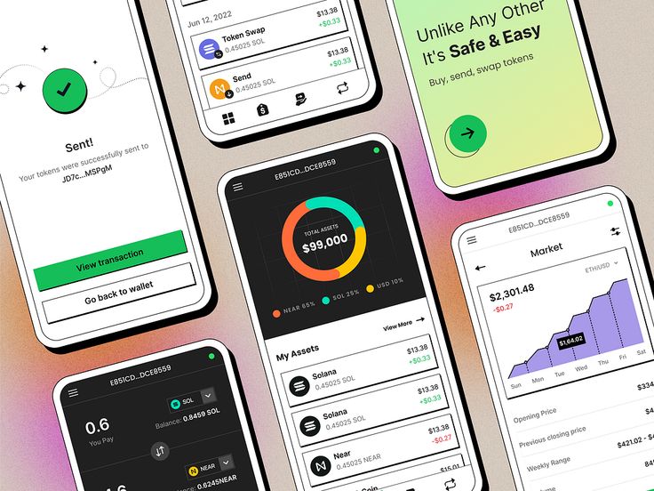 Cryptocurrency app interfaces displaying transactions, market charts, asset overview, and token swap features on mobile screens.