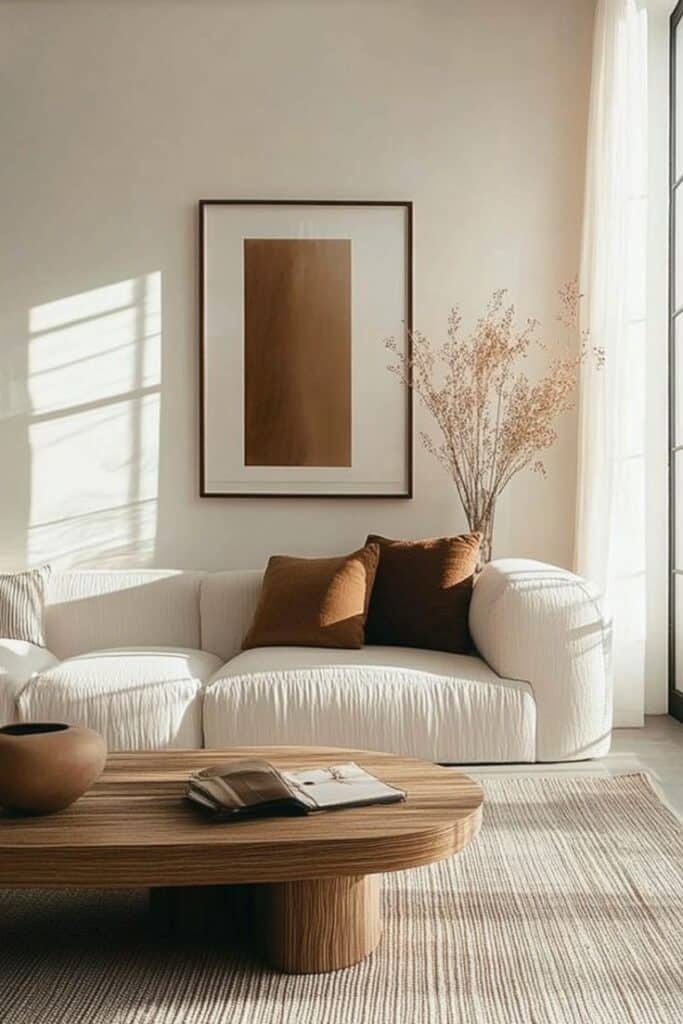 Modern living room with a white sofa, earthy decor, wooden coffee table, and natural light through large windows.