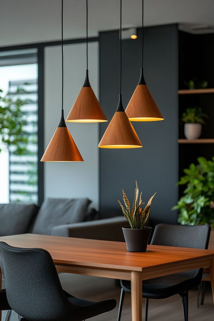 Modern dining room with wooden pendant lights, sleek table, chairs, and lush plants for a stylish interior design.
