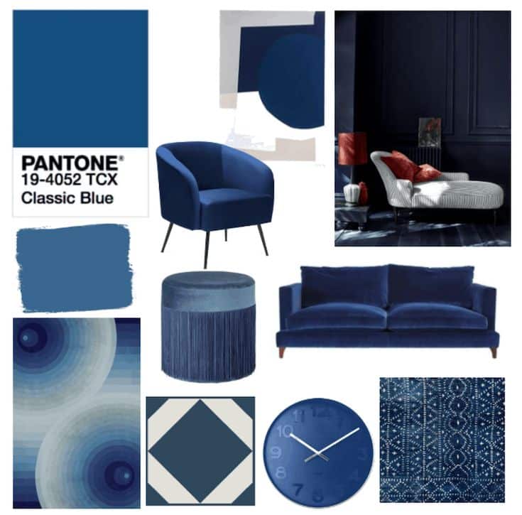 Classic Blue interior design mood board with furniture, textiles, and decor elements in Pantone 19-4052 TCX shade.