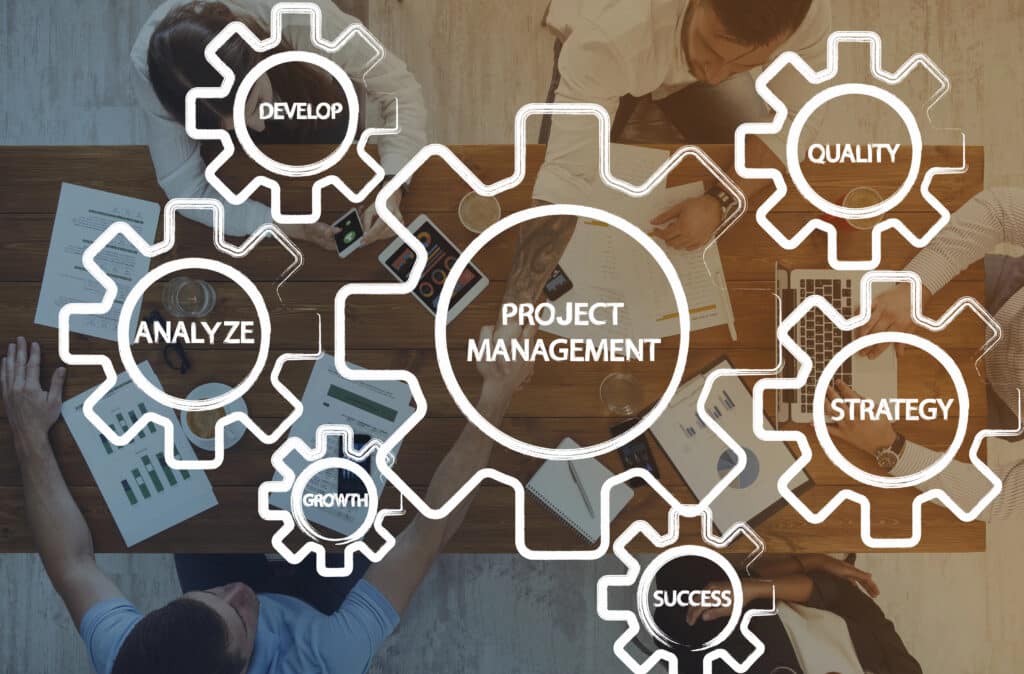 Team collaborating on project management with gears labeled Develop, Quality, Strategy, Analyze, Growth, Success.