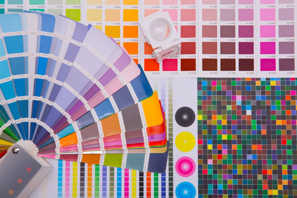 Depositphotos_442925848_XL Color swatches and print test patterns showcasing a vibrant palette of hues for design and printing reference. | Sky Rye Design Color swatches and print test patterns showcasing a vibrant palette of hues for design and printing reference.