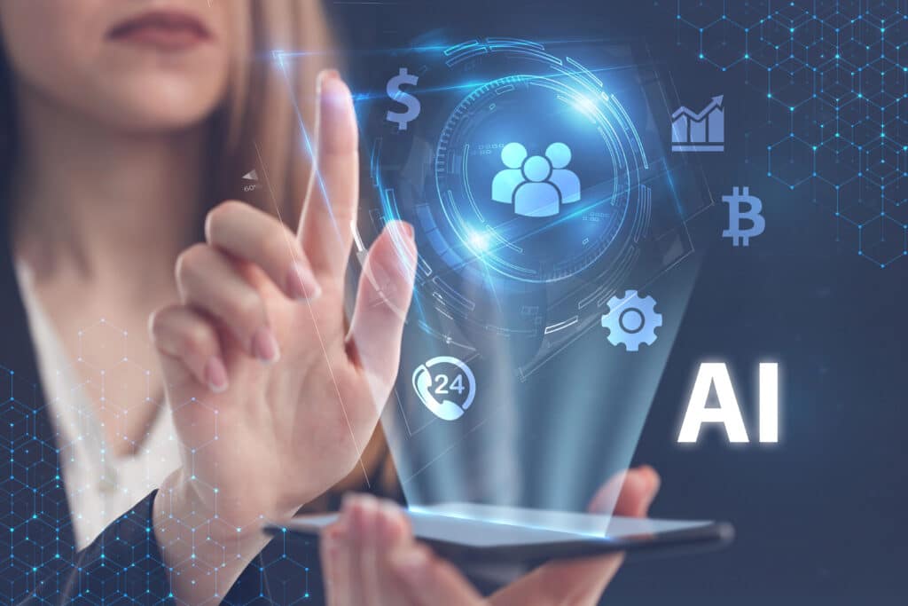 Woman interacts with AI holographic interface, featuring technology icons and digital symbols, via smartphone.