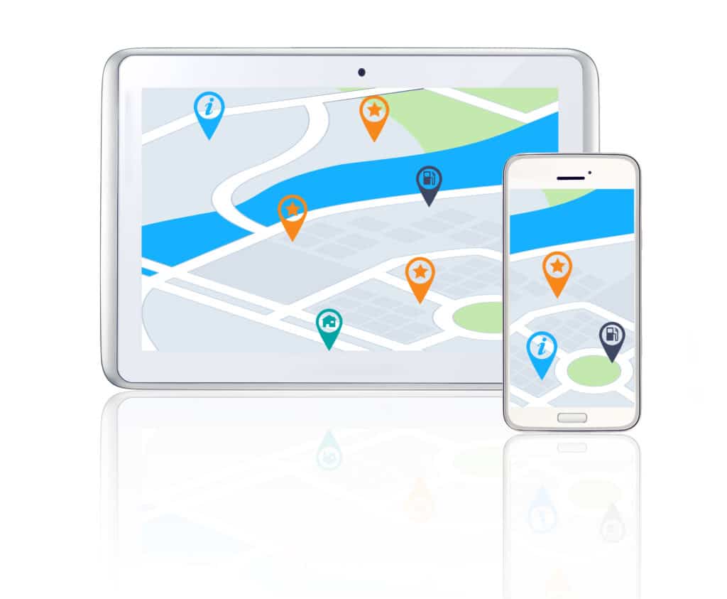 Tablet and smartphone displaying a colorful digital map with location markers.
