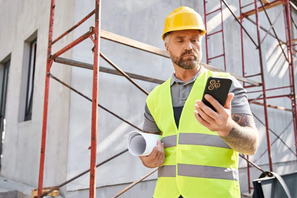 Construction worker in a hard hat and vest checks phone at a building site, holding blueprints.