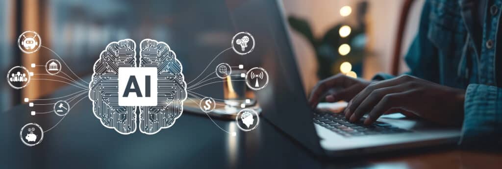 Laptop with AI brain graphic, showcasing artificial intelligence concepts and technology interactions.
