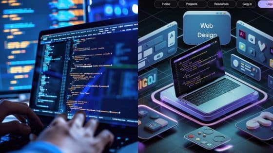 Design Concepts for Decentralized Applications Dual image of hands coding on a laptop and a digital web design concept with floating 3D elements. | Sky Rye Design Dual image of hands coding on a laptop and a digital web design concept with floating 3D elements.