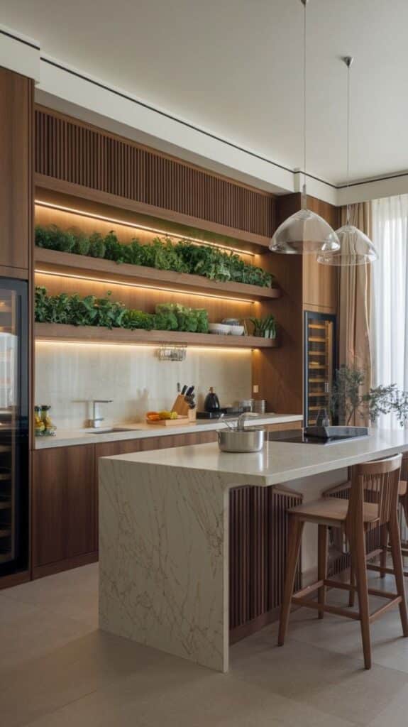 Design an Eco Kitchen That Looks Like a Dream 🌿 I Kitchen Genius Modern kitchen with marble island, wooden cabinets, and open shelves with greenery, under elegant pendant lights. | Sky Rye Design Modern kitchen with marble island, wooden cabinets, and open shelves with greenery, under elegant pendant lights.