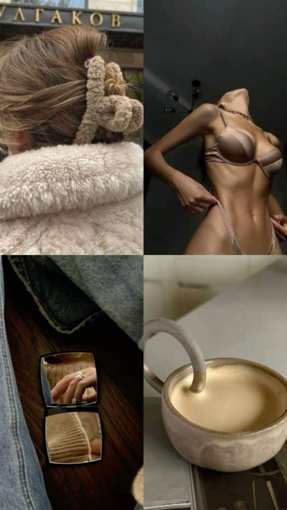 Cozy fashion collage: hair in a clip, knitwear reflection, lingerie, and frothy coffee in a ceramic mug.
