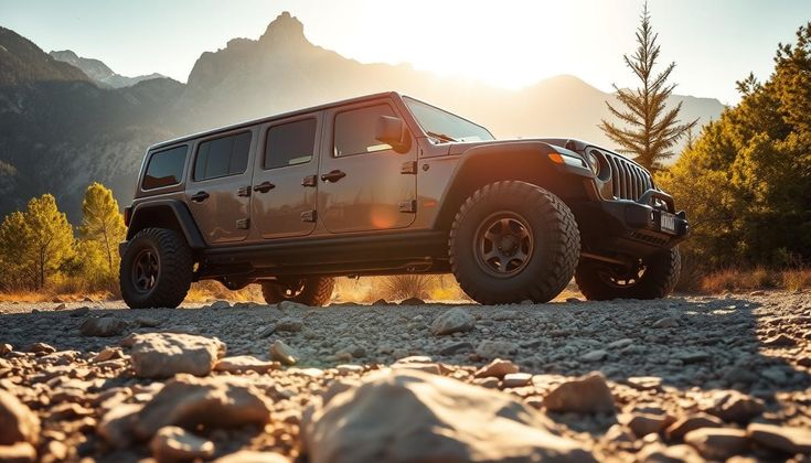 Off-road vehicle on rocky terrain with mountains and sunrise in the background.