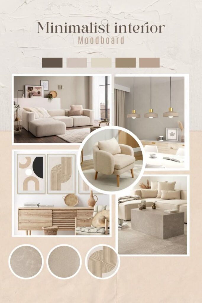 Minimalist interior moodboard featuring beige furniture, abstract art, and sleek lighting for a cozy, modern vibe.
