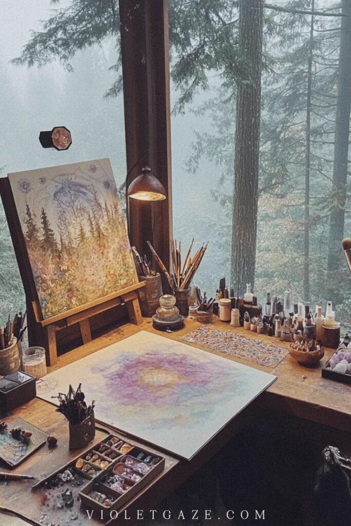 Cozy art studio with colorful paintings, brushes, and forest view through the window on a misty day.