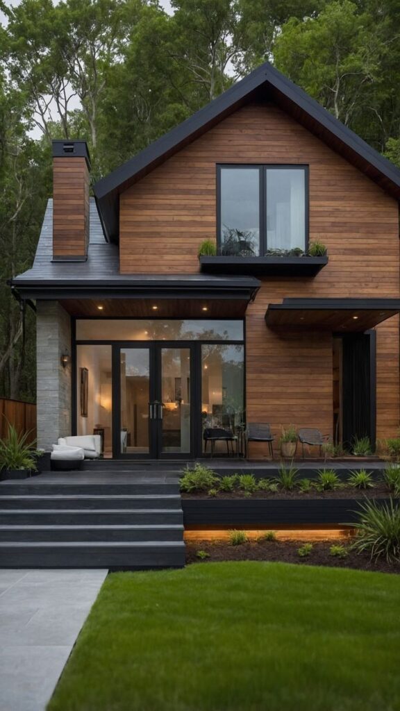 Modern wooden house with large windows, surrounded by greenery and a manicured lawn.