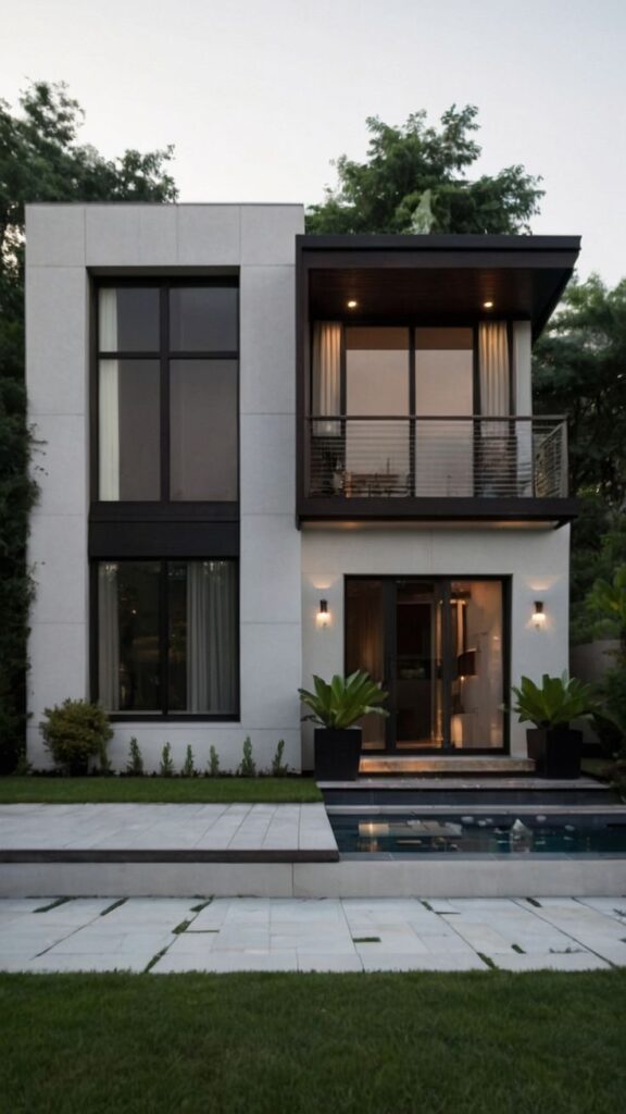 Modern two-story house with large windows, lush greenery, and a small pool in the foreground.