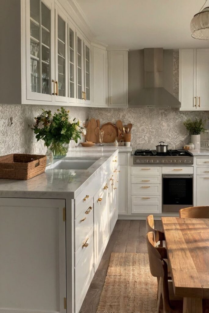 Modern kitchen with white cabinets, wooden countertops, and natural light filtering in, creating a cozy atmosphere.