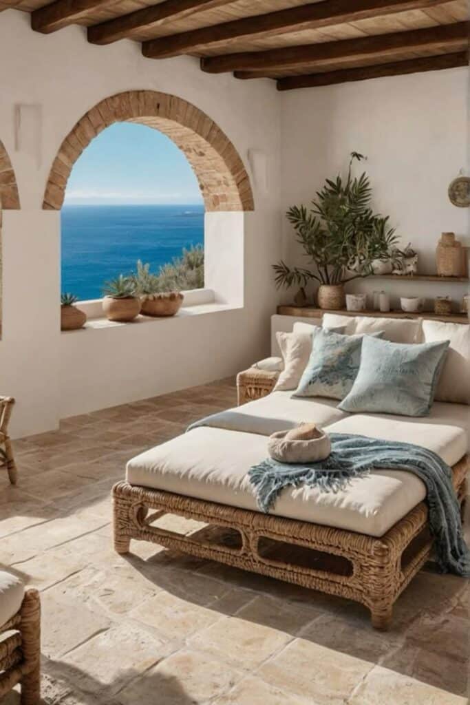 Discover the idyllic shores of Mallorca with Mediterranean-style terrace with wicker chaise, ocean view, and terracotta pots, perfect for relaxation and serenity. | Sky Rye Design Mediterranean-style terrace with wicker chaise, ocean view, and terracotta pots, perfect for relaxation and serenity.
